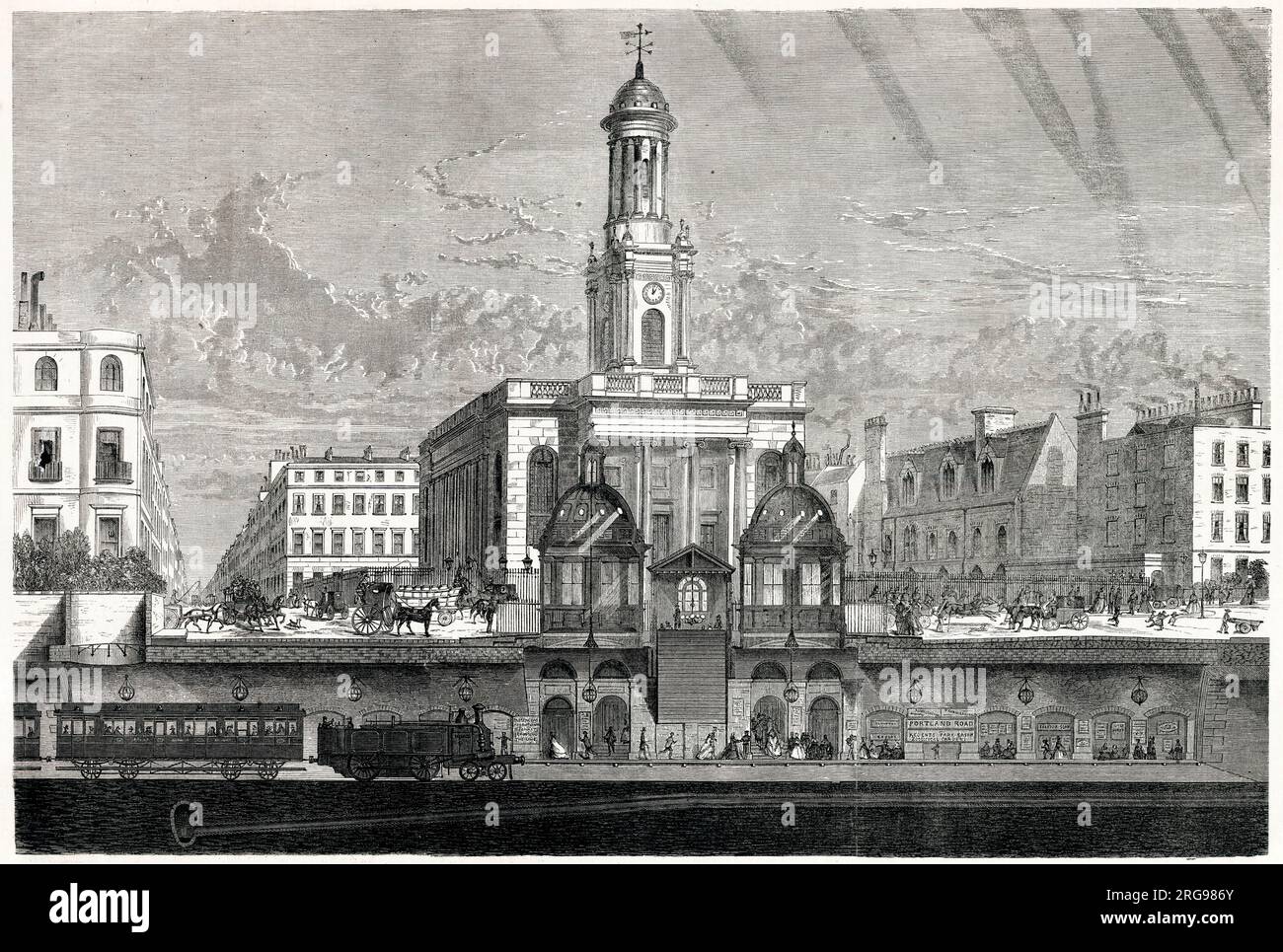 Portland Road (now Great Portland Street) Underground Station, London, with street view above and underground section below. It opened in 1863. Holy Trinity Church is directly behind it. Stock Photo