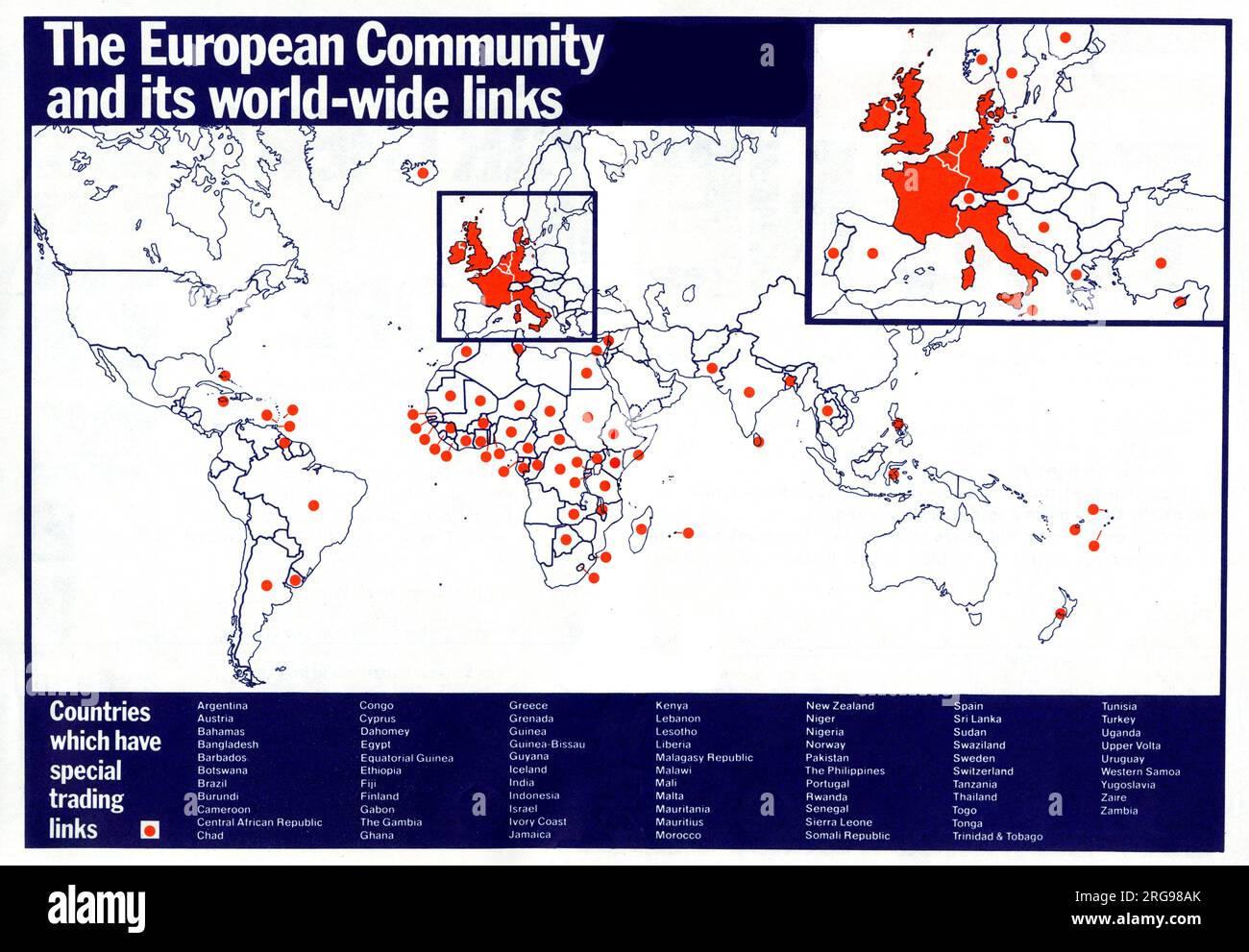 Map, The European Community and its world-wide links - countries which have special trading links. HMSO pamphlet for Referendum on the European Community (Common Market), 1975. Stock Photo