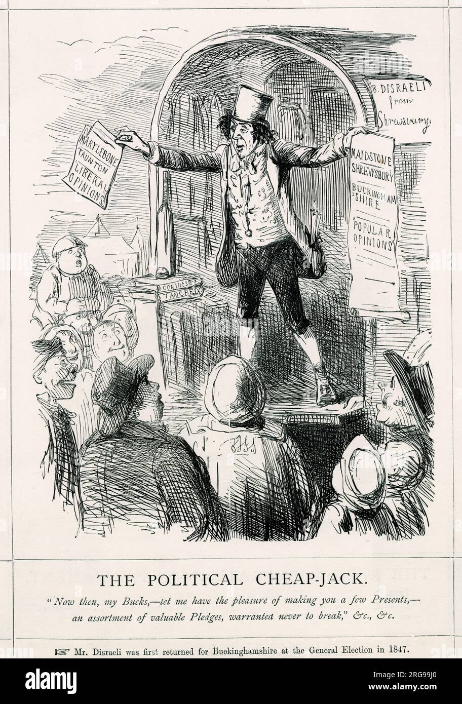 Cartoon, The Political Cheap-Jack -- Benjamin Disraeli, portrayed as a conman at a country fair, wooing his Buckinghamshire constituents during the General Election campaign, summer 1847. Stock Photo