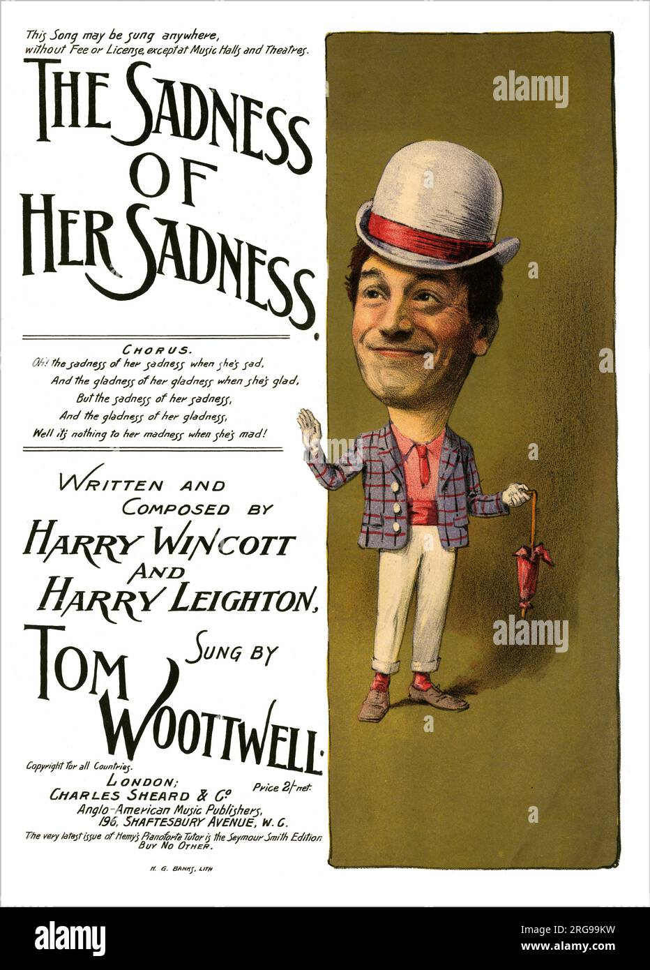 The Sadness of her Sadness, written and composed by Harry Wincott and Harry Leighton, sung by Tom Woottwell - Charles Sheard & Co., London. Stock Photo