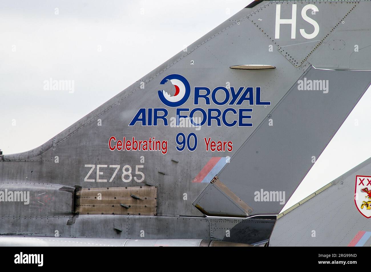 Worn, dirty and flaking paintwork of inservice Royal Air Force Panavia Tornado F3 fighter jet