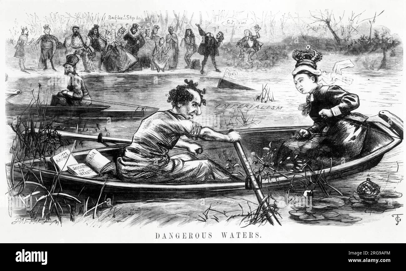 Cartoon, Benjamin Disraeli and Queen Victoria brave the dangerous waters of Imperialism cheered and jeered by the previous Kings and Queens of England on the far bank of the river.... Stock Photo