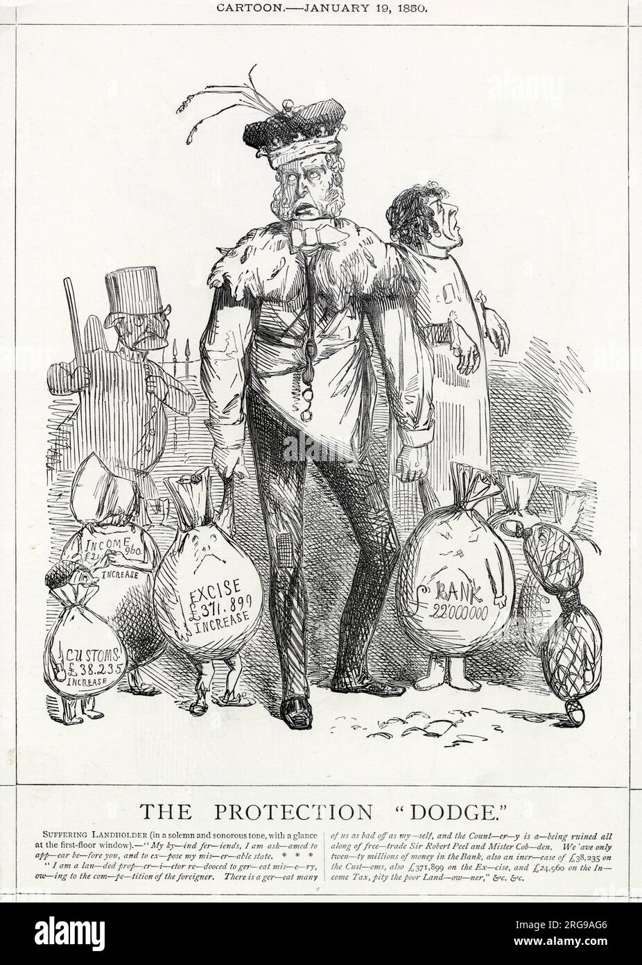 Cartoon, The Protection Dodge -- a satirical comment on complaints against Free Trade by rich landowners (including a member of the House of Lords, centre, and Benjamin Disraeli, right) that they are losing money, at a time when the Exchequer was doing very well financially. Mr Punch appears as a policeman (left). Stock Photo