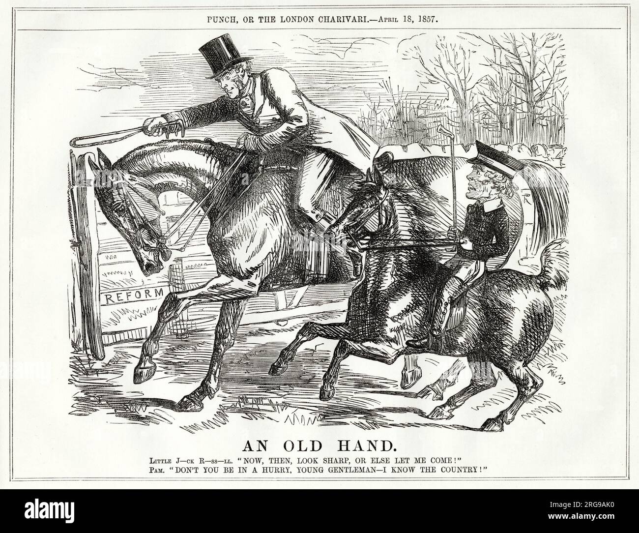 Cartoon, An Old Hand -- Lord Palmerston on horseback and Lord John Russell just behind him, on a pony, an analogy for their respective positions in the new government. Russell wants to forge ahead with reforming measures, but Palmerston is determined to lead, claiming that 'I know the country!' Stock Photo