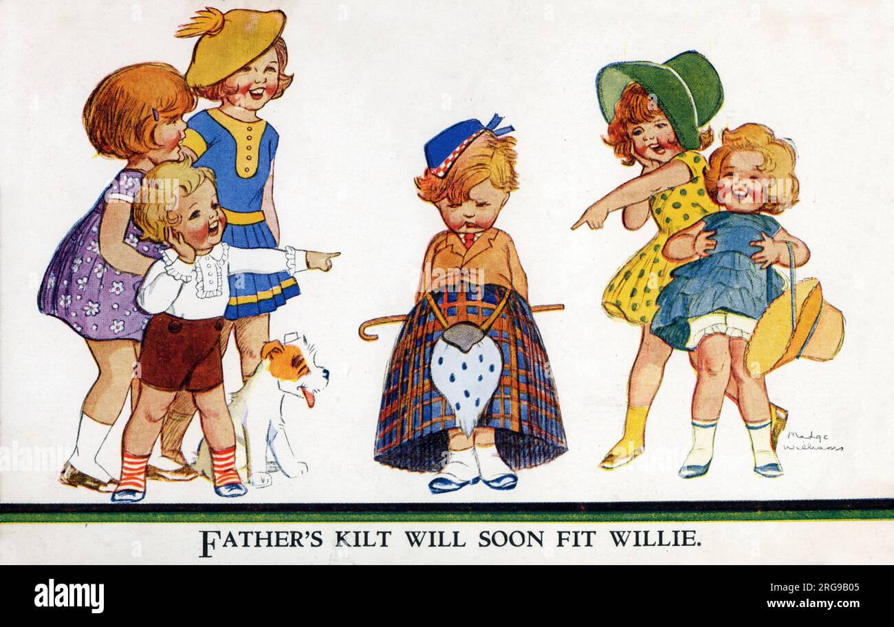 Father's Kilt will soon fit Willie (but not quite yet, hence the universal merriment on the faces of Willie's young friends!). Stock Photo