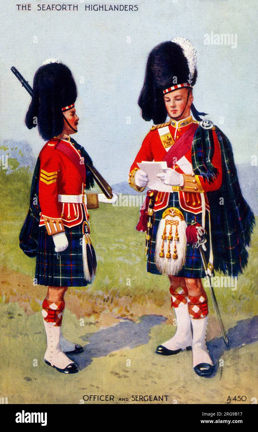 Uniform of Officer and Sergeant of the Seaforth Highlanders (Rosshire Buffs, Duke of Albany's) - formed in 1778 by Earl of Seaforth. Stock Photo