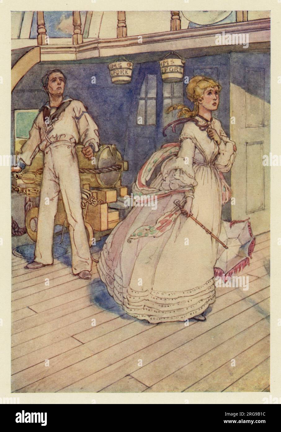 HMS Pinafore. Josephine Corcoran walks away from Ralph Rackstraw. 'So saying, with tell-tale tears streaming down her face, she strode magnificently to her cabin.' Stock Photo