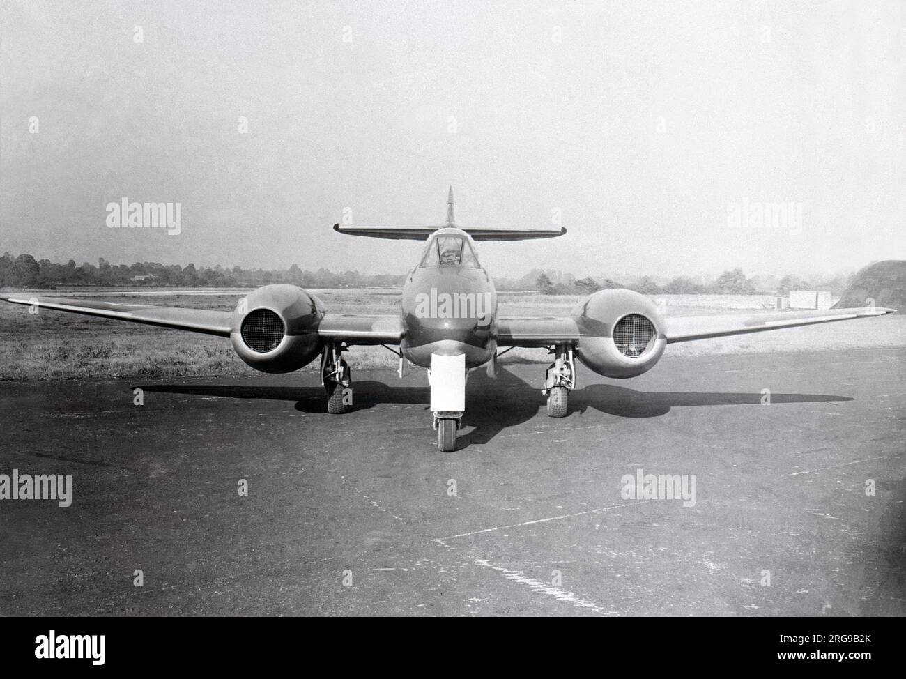A very early Gloster Meteor with long-span wings and gun ports removed, as per High-speed Flight aircraft. It also has very unusual intake screens, very rarely seen on Meteors. Stock Photo