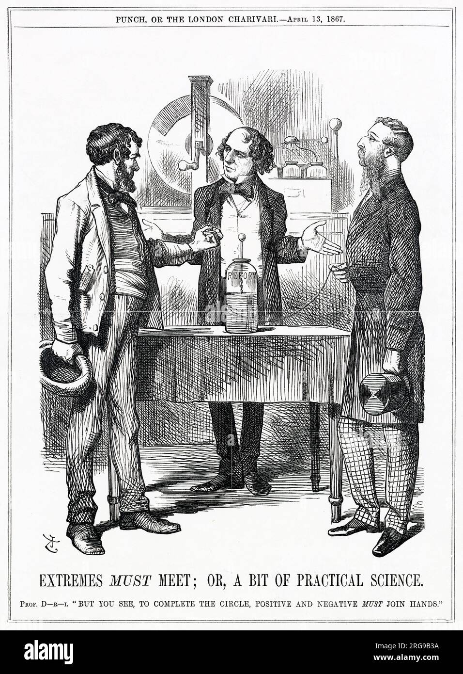 Cartoon, Extremes Must Meet; or, A Bit of Practical Science -- a satirical comment on Disraeli's Reform Bill, in which men can qualify for the vote if they are ratepayers, meaning that men of all classes can be included in the franchise. Depicting Disraeli as a scientist conducting an experiment, asking a working man and a higher-class man to shake hands. Stock Photo