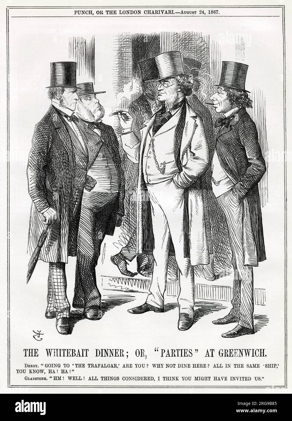 Cartoon, The Whitebait Dinner; or, Parties at Greenwich -- rival politicians encounter each other at the traditional summertime Whitebait Dinner in Greenwich, SE London. Lord Derby and Benjamin Disraeli are looking pleased with themselves after their success with the Reform Bill; William Gladstone and John Bright are looking less happy. Stock Photo