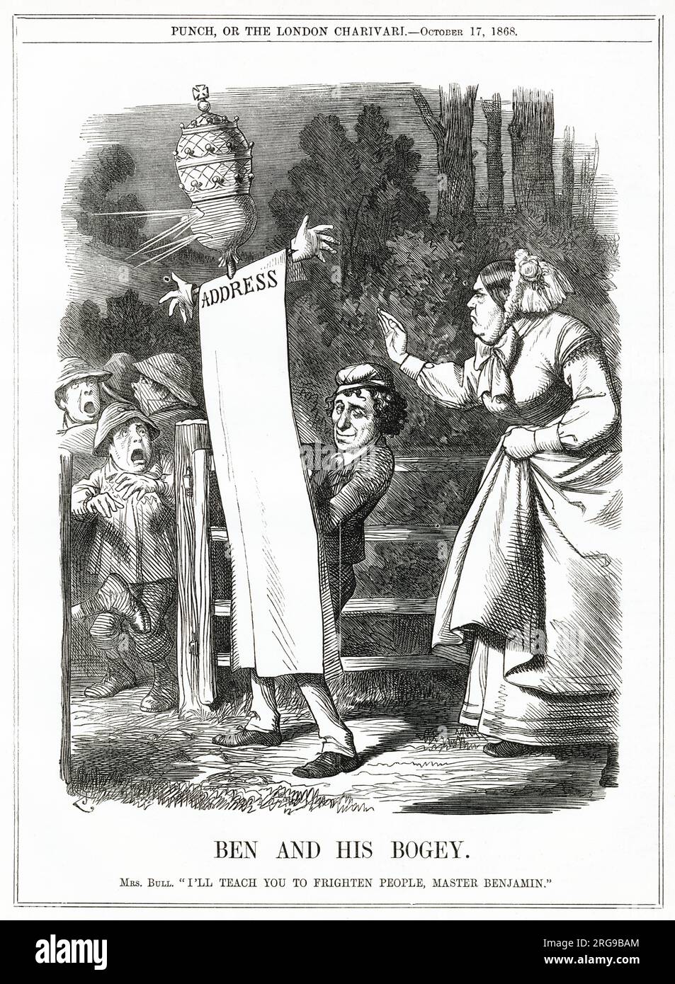 Cartoon, Ben and his Bogey -- a satirical comment on Disraeli's speech to his Buckinghamshire electors, suggesting that the Roman Catholic Church will be the only organisation to gain from the forthcoming Irish Church Act, promoted by Gladstone. Mrs Bull scolds him for being a scaremonger. Stock Photo