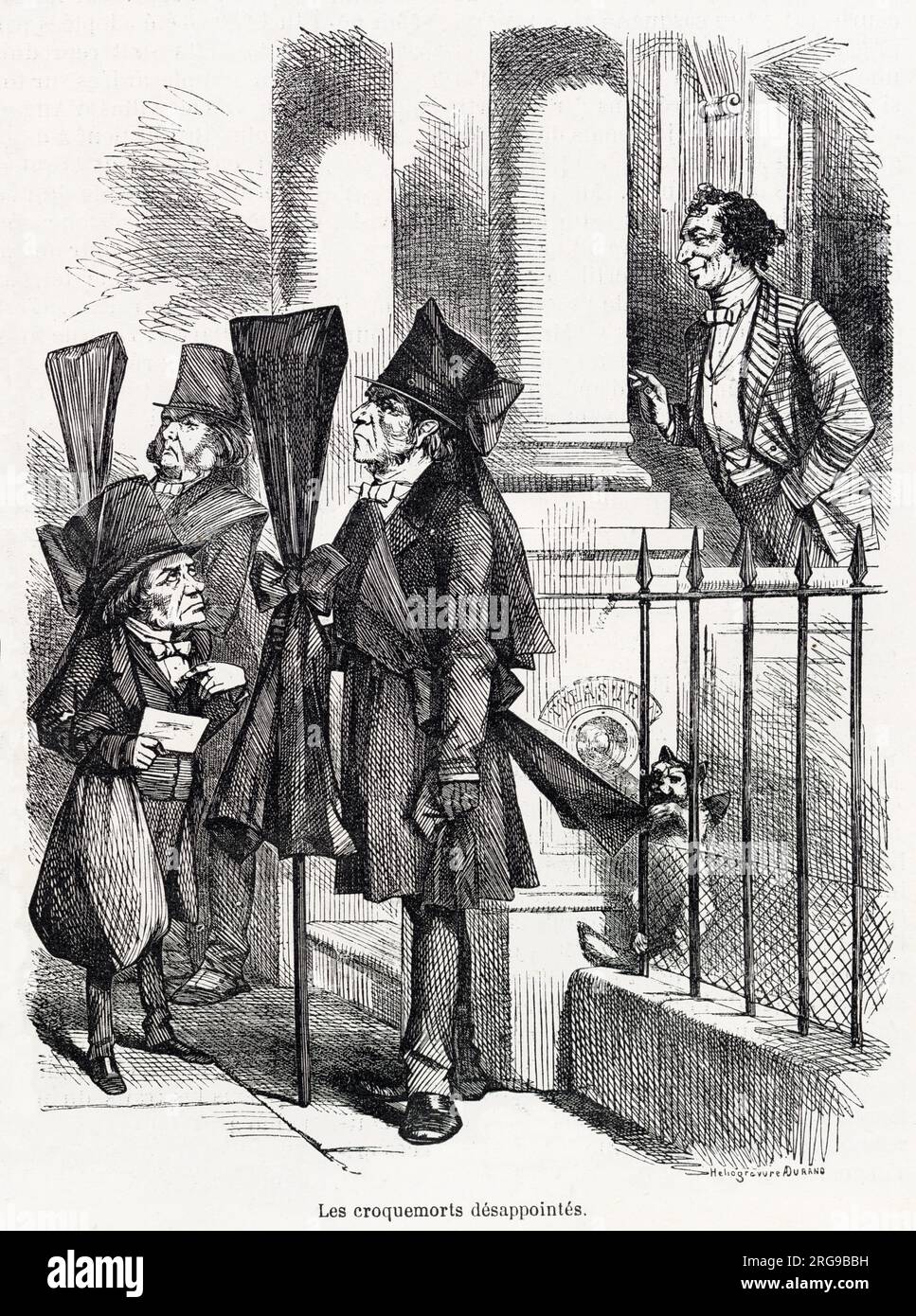 Cartoon, The Disappointed Undertakers -- a satirical comment on the rivaly between the Liberal Party (represented by Lord John Russell, John Bright and William Gladstone), and the Conservative Party (Benjamin Disraeli). Disraeli is clearly staying where he is, at the Treasury (at least for the time being). Stock Photo
