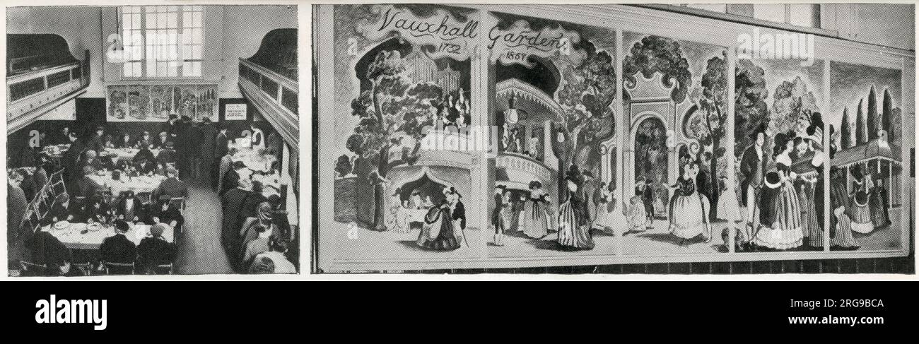 Mural decorations in the Vauxhall British Restaurant during the Second World War, on the theme of Vauxhall Gardens and carried out by E. K. Edney. Picture on the right shows a detail of the mural while the left photograph shows the interior of the restaurant and the pictures in situ on the wall. British Restaurants were communal restaurants during the Second World War providing a cooked meal, with dessert and a cup of tea or coffee, for around the cost of 1s.2d. While operated on a canteen basis, meals were eaten at a table and allowed people, including war workers and those who had bombed out Stock Photo