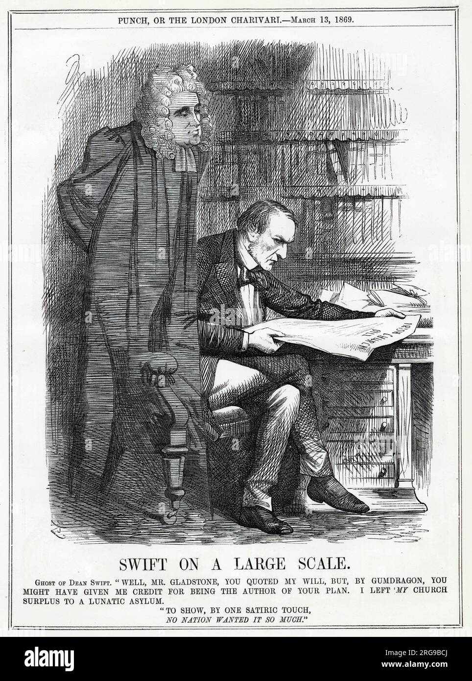 Cartoon, Swift on a Large Scale -- a comment on Gladstone's assigning the surplus from Irish Church endowments (resulting from the disestablishment of the Irish Church) for humanitarian purposes. The ghost of Dean Swift approves of his action, but thinks he should have credited him with the original idea, as he also left money in his will for similar purposes. Stock Photo