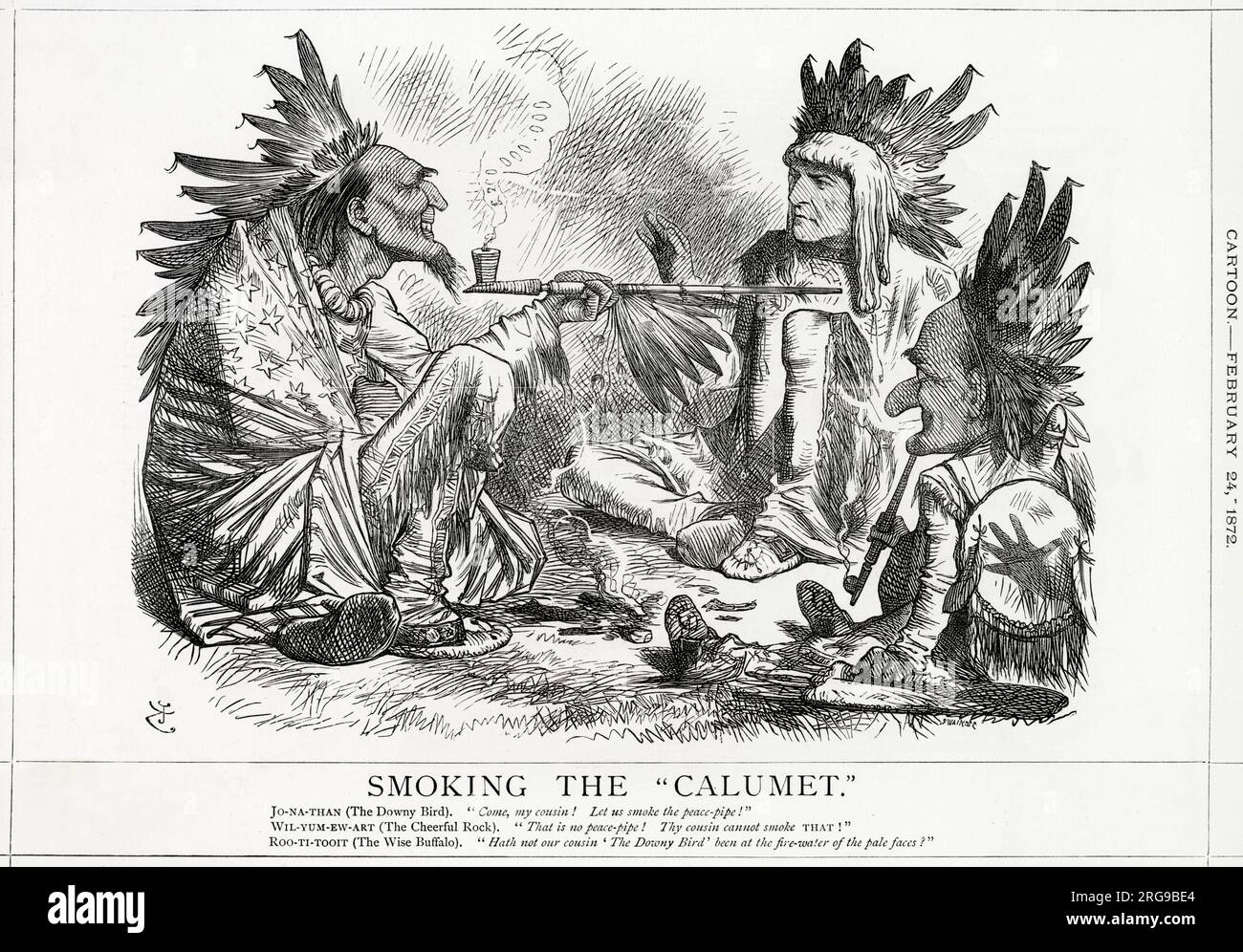 Cartoon, Smoking the Calumet -- a satirical comment on the American government's claim for compensation for the sinking of the CSS Alabama during the American Civil War. The ship was built in the UK for the Confederate Navy, and spent two years attacking Union ships before she was sunk in the Battle of Cherbourg. The claim was settled later the same year, with a payment to America of $15.5M. Gladstone is seen refusing to smoke the peace-pipe with Jonathan, both of them dressed as Native American Indians; Mr Punch also comments. The figure of £200M is visible in the smoke from the pipe. Stock Photo
