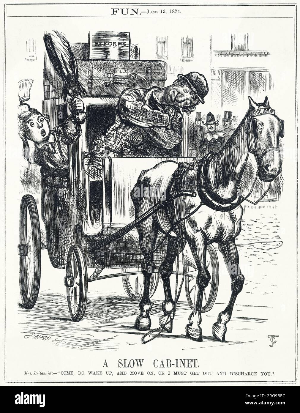 Cartoon, A Slow Cab-inet -- a satirical comment on the slow progress of parliamentary business since the Conservative Party won the General Election. Benjamin Disraeli is depicted as a cabman falling asleep and letting his horse's reins drop, while his passenger Mrs Britannia tries to wake him up and move him on. Her luggage on top of the cab represents Reforms and Bills waiting to be dealt with. Stock Photo