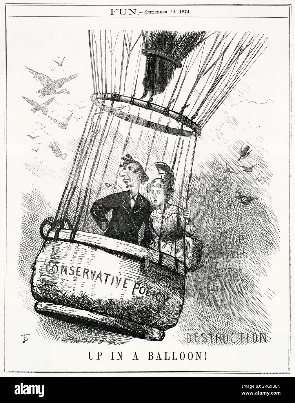 Cartoon, Up In A Balloon -- a satirical comment on Benjamin Disraeli's Conservative government. He is depicted with Britannia in a balloon representing Conservative Policy, with the ominous word Destruction written in the sky below them, and predatory birds representing other politicians flying around them. Stock Photo