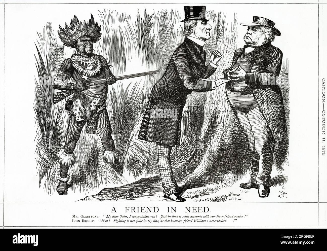 Cartoon, A Friend in Need -- a satirical comment on the Third Anglo-Ashanti War (1873-1874) in West Africa. William Gladstone congratulates John Bright on his appointment as Chancellor of the Duchy of Lancaster, and hopes he will help settle things with the Ashanti warrior standing on the left, holding a rifle. Bright (a peace-loving Quaker) replies that fighting isn't quite his thing, but ... Stock Photo