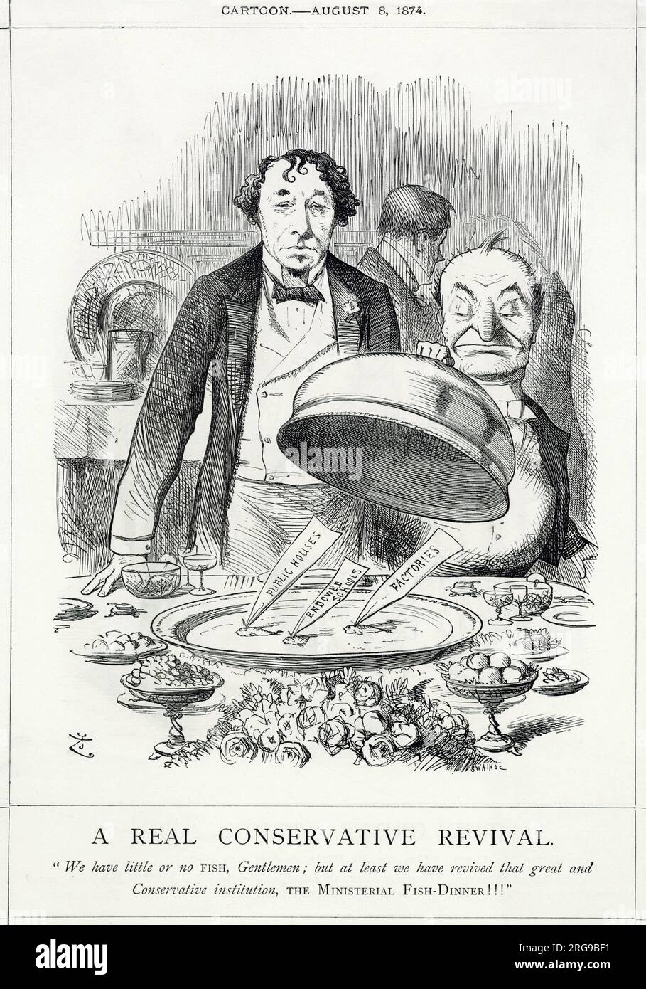 Cartoon, A Real Conservative Revival -- a satirical comment on the small number of parliamentary measures passed by the new Conservative government, compared with the previous Liberal administration. Disraeli assumes a poker face as Mr Punch as waiter lifts the lid on a plate of three very small fish, representing Public Houses, Endowed Schools and Factories. Stock Photo