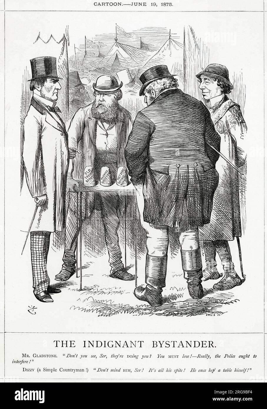 Cartoon, The Indignant Bystander -- in a fairground analogy, Gladstone criticises the Conservative government's Savings Banks Bill, which was later withdrawn. John Bull looks at three options on the table: Old Savings Banks, Friendly Societies and Post Office Savings Banks. Benjamin Disraeli as a Simple Countryman tells John Bull not to take any notice of Gladstone -- he used to do similar work himself, and he's only criticising out of spite. Stock Photo