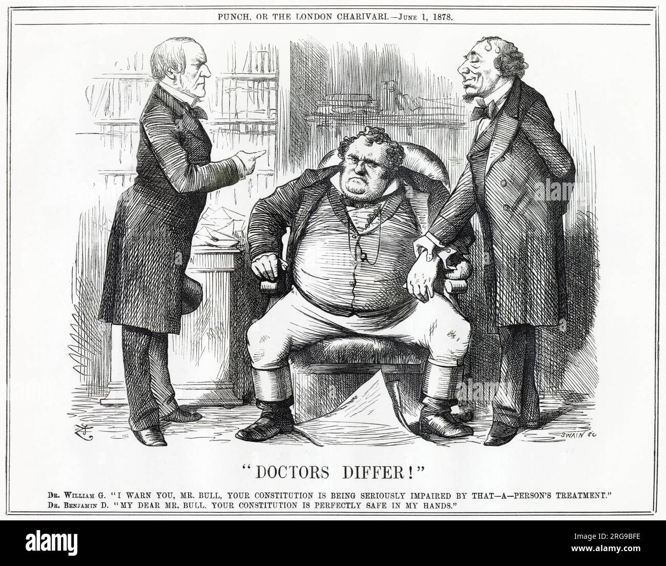 Cartoon, Doctors Differ!  Political rivals Gladstone and Disraeli have different ideas about the health of the patient (representing the country). Gladstone warns John Bull that Dr D as Prime Minister is putting his constitution in danger. Stock Photo