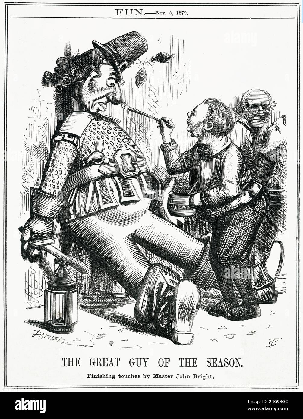 Cartoon, The Great Guy of the Season -- a satirical comment on the Liberal Party threat to the Conservative Prime Minister, Benjamin Disraeli. Disraeli is depicted as the Bonfire Night 'Guy', being painted by Liberal MP John Bright, with his colleagues Gladstone and Hartington watching from the background. Stock Photo
