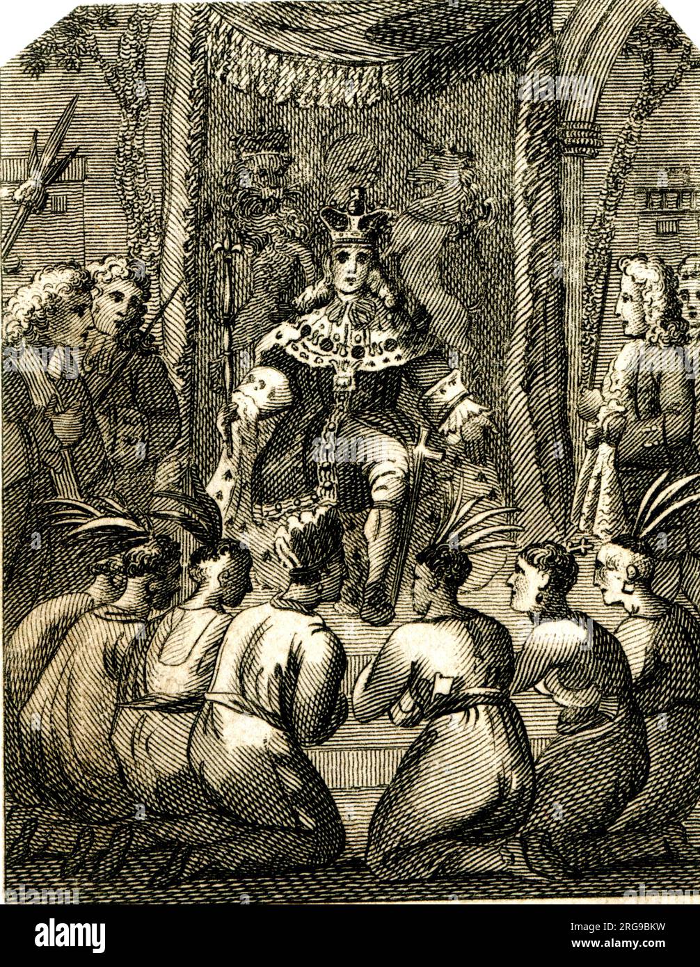 Seven Cherokee Chief's introduced to the King George 1730 - 18th century engraving Stock Photo