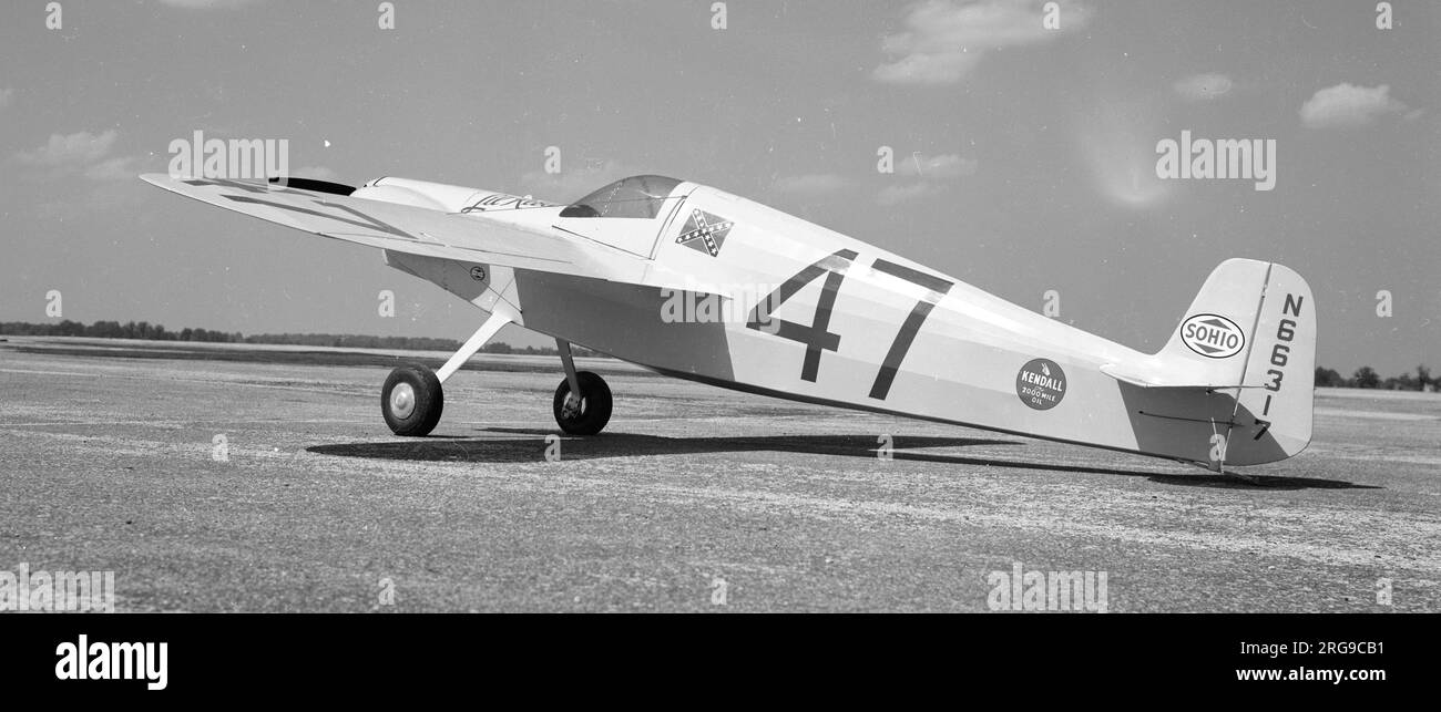 Pack Model C N66317 'Li'l Rebel' formula one racer; race number 47 1948 - Information: Designed and built by Garland Pack of Nashville TN in 1948. The Model C was powered by the ubiquitous 85hp Continental C85; span: 16'0' (?>17'2') length: 16'10' , flew a race average speed of 191 mph. Named 'Li'l Rebel' and registered N66317 she was flown by Jimmy Wilson. Later rebuilt as the Wilson Li'l Rebel after being damaged. Stock Photo