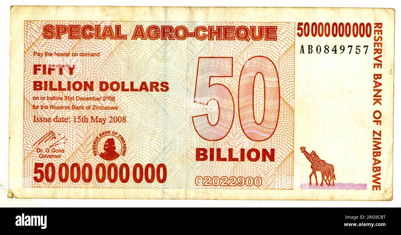 Hyperinflation in Zimbabwe in 2008 a Fifty Trillion Dollar Bill Date