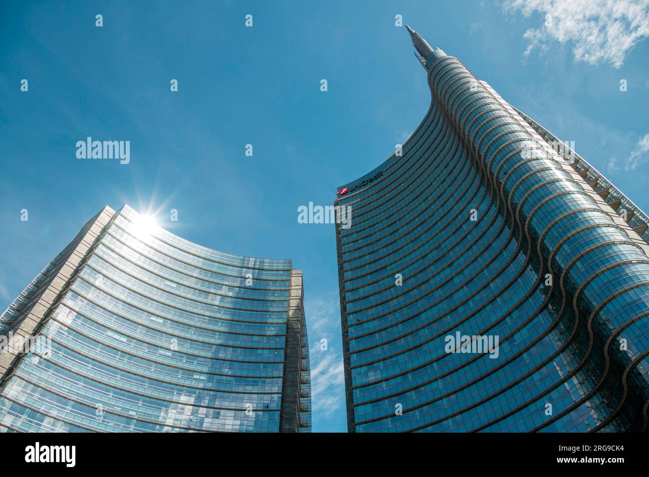 Unicredit tower, square Gae Aulenti, Milan, Italy. 8/8/2023. View of the Unicredit tower, the tallest skyscraper in Italy. Stock Photo