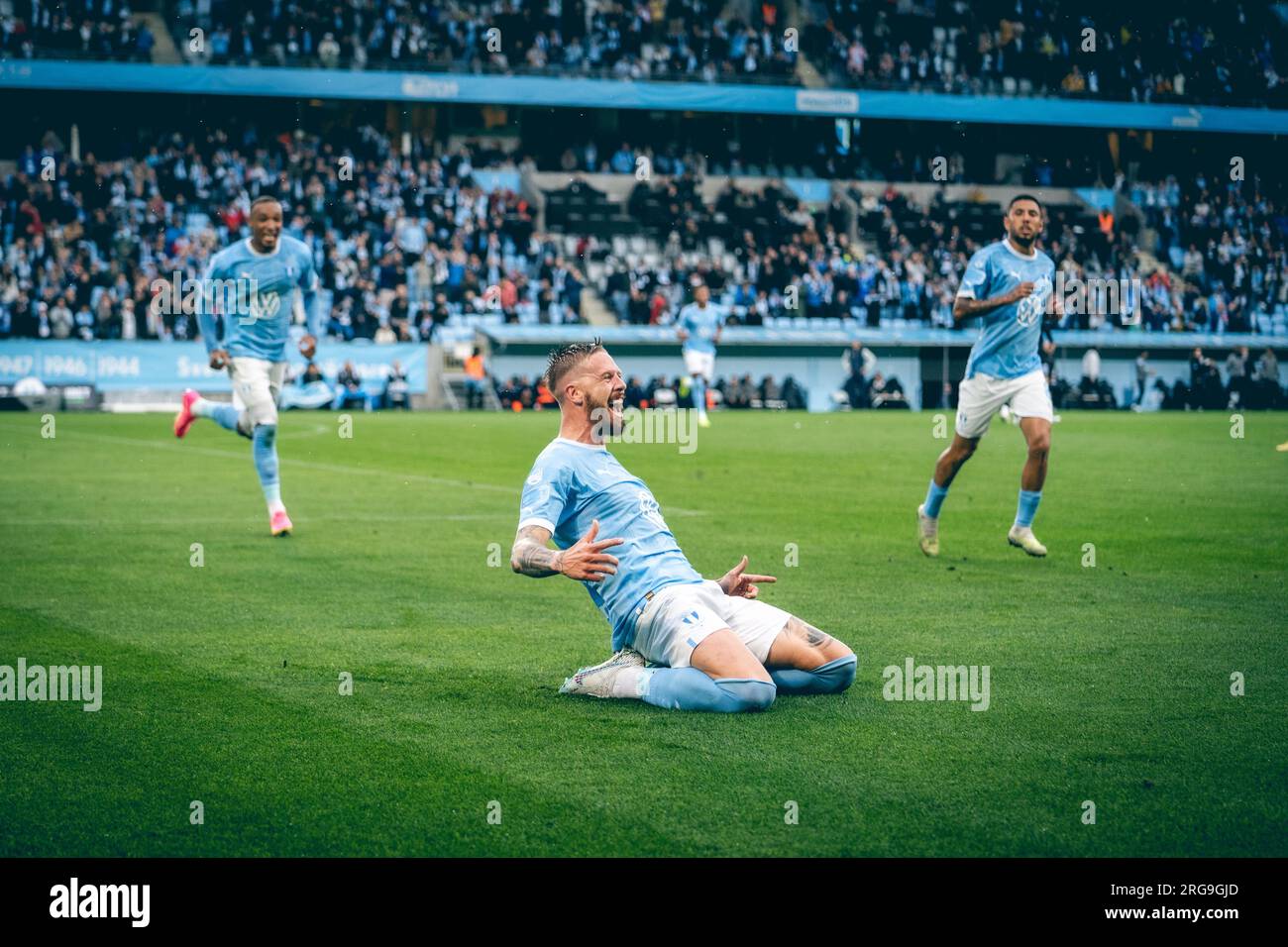 Malmoe, Sweden. 07th Aug, 2023. Pontus Jansson (18) of Malmoe FF scores for 1-0 during the Allsvenskan match between Malmoe FF and Halmstads BK at Eleda Stadion in Malmoe. (Photo Credit: Gonzales Photo/Alamy Live News Stock Photo
