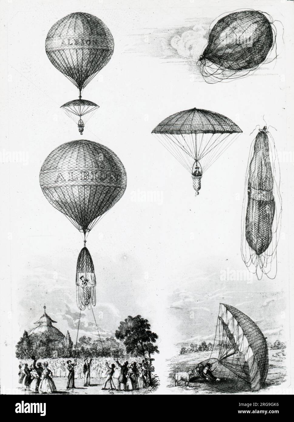 Hampton's Parachute Descent at Cheltenham, 1838 Stock Photo Alamy