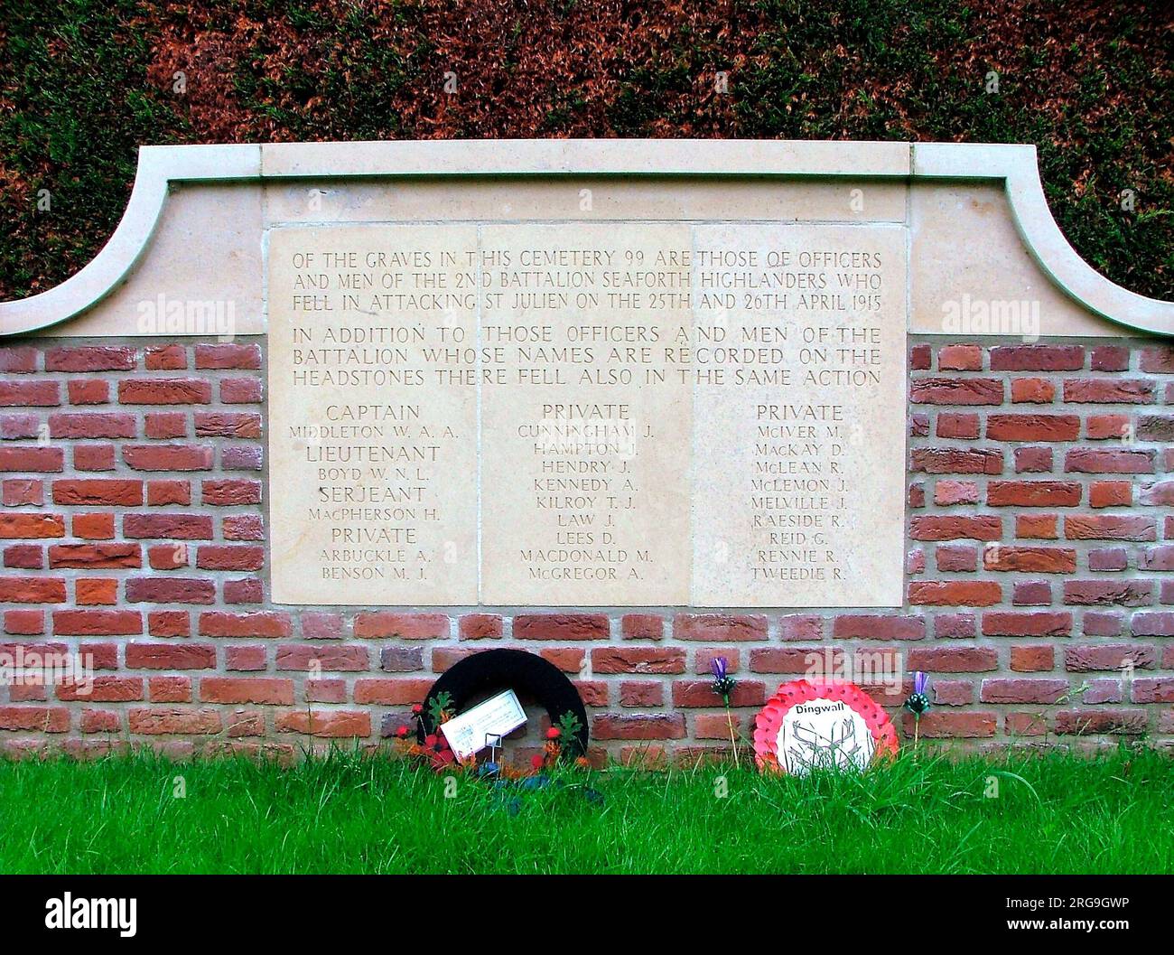 22nd Seathforths Memorial, Seathforth CWGC Cemetery, Wieltje Stock Photo