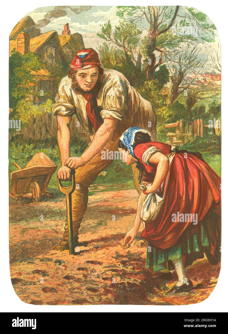 Woman planting Seeds, Man dibbling the holes -19th century print Stock Photo