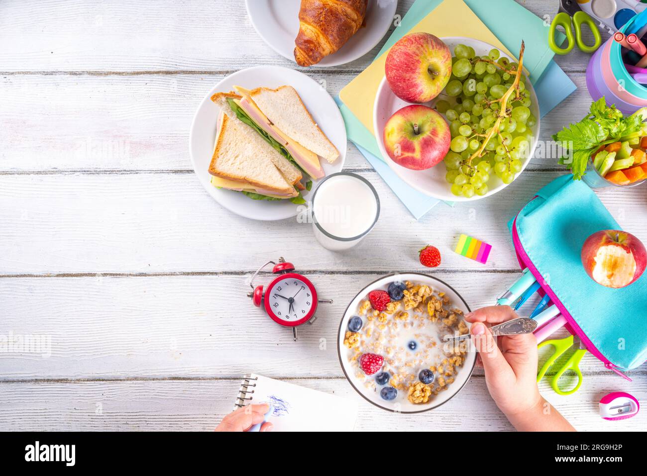 Healthy nutritious morning breakfast for school kids, with fresh fruits ...
