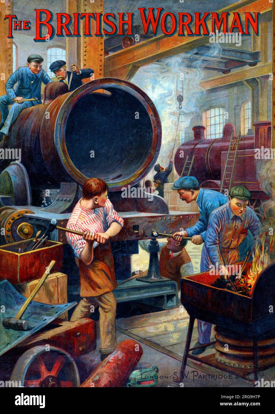 Front cover of a bound volume of The British Workman, an improving magazine for the working classes founded by Thomas Bywater Smithies in 1855, committed to encouraging temperance, protestantism, socialism and education. Image shows a railway works with men building a steam engine. Stock Photo