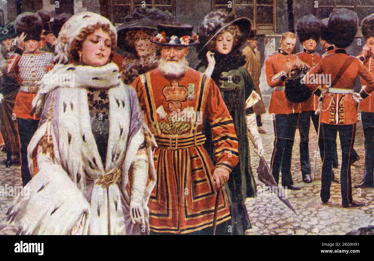 Scene at the Tower of London with female visitors in the company of a Yeoman of the Guard or Beefeater, while soldiers in Guards uniform adjust their bearskin helmets. Stock Photo