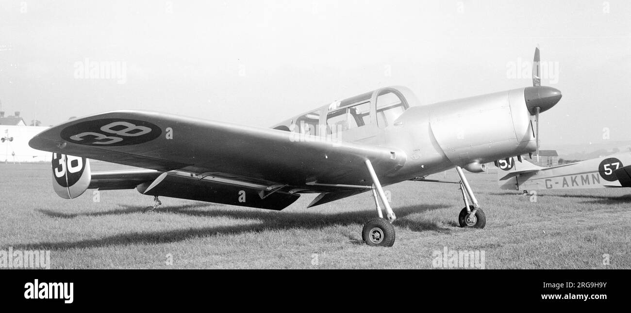 Miles Messenger 5 G-ALAC, race number '38' at Shoreham for the Daily Express South Coast Air Race which was held on 22 September 1951. '38 was flown by P.G. Lawrence, but was damaged beyond repair in a forced landing near Faversham. G-ALAC was formerly Messenger I RH420 of the RAF, which was handed over to Blackburn & General Aircraft Ltd. as a test-bed for their Bombardier 702 engine, becoming a Messenger 5 in the process. Flown by them as G-2-1 for some time, only wearing CAA registration G-ALAC for its first and only public appearance at the South Coast Air Race. Stock Photo