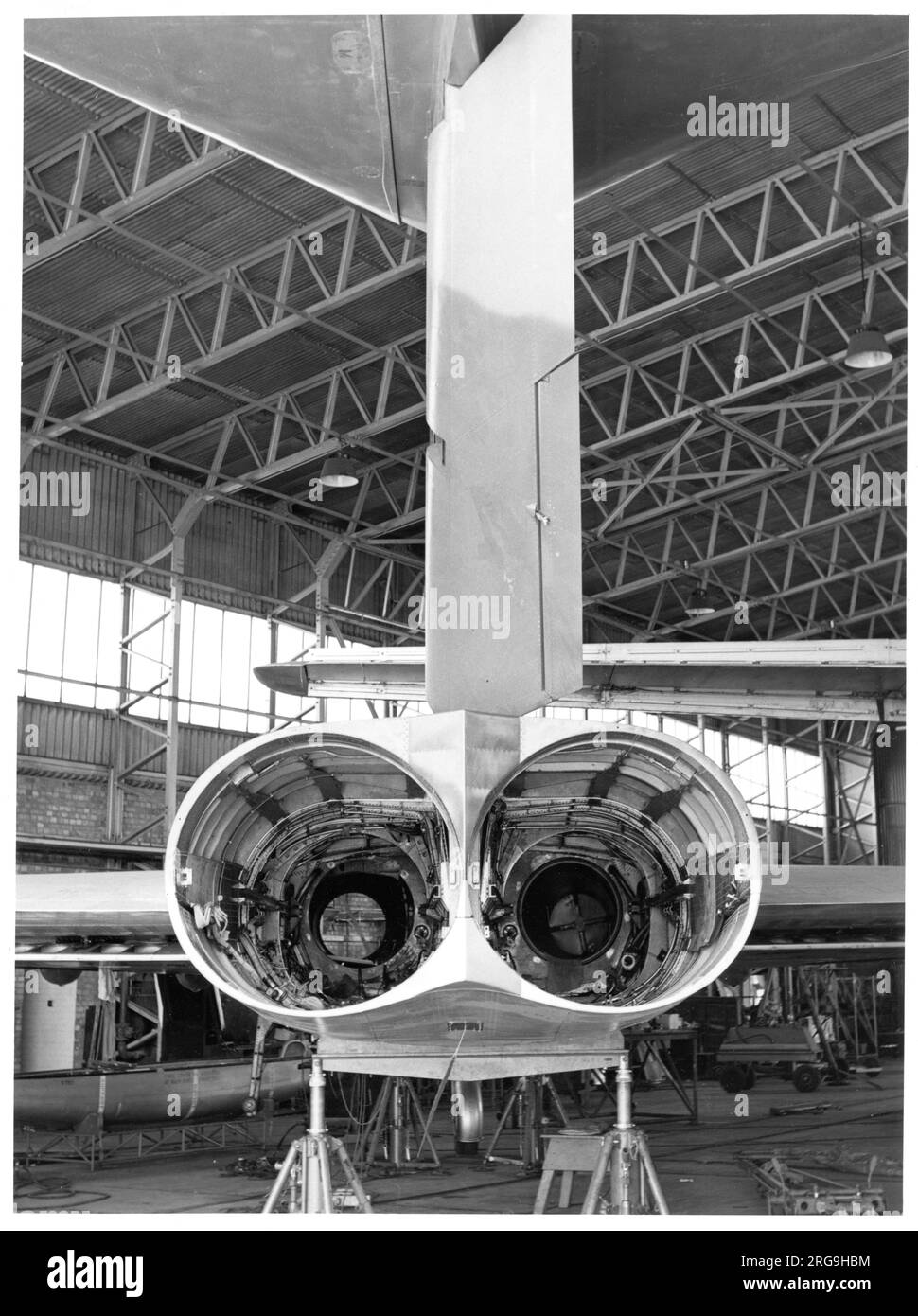 Gloster Javelin F(AW).1 XA552. A view, from the rear, of the engine bays of XA552, modified to accept de Havilland Gyron Junior reheated turbojet engines for trials. Stock Photo