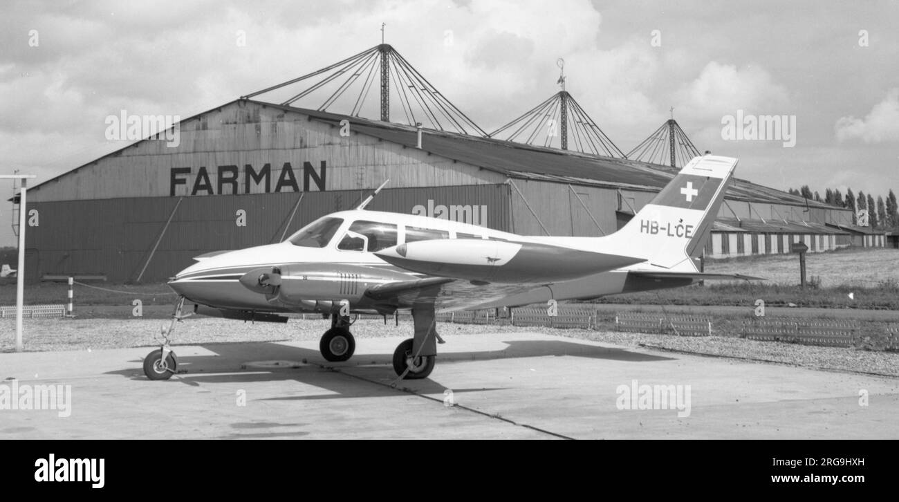 Cessna 320 Skyknight HB-LCE outside the Farman factory. Stock Photo