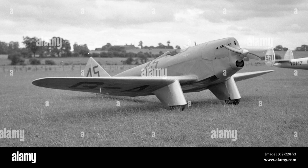 Chilton DW.1, G-AFGH, at Elmdon (Birmingham Airport) in 1949 for the Grosvenor Challenge Trophy Race, flown by Squadron Leader. H. R. Bilbrough, with race number “45”. Seen in the background is the tail of the Ercoupe VX147 race number “57” flown in the same race by Lettice Curtis, the noted aviatrix and former Air Transport auxiliary pilot. Stock Photo