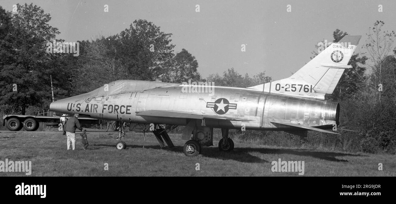 North American F-100A-1-NA Super Sabre O-52-5761 of Connecticut Air National Guard at Bradley Field (letter O prefix denotes Obsolete). Stock Photo