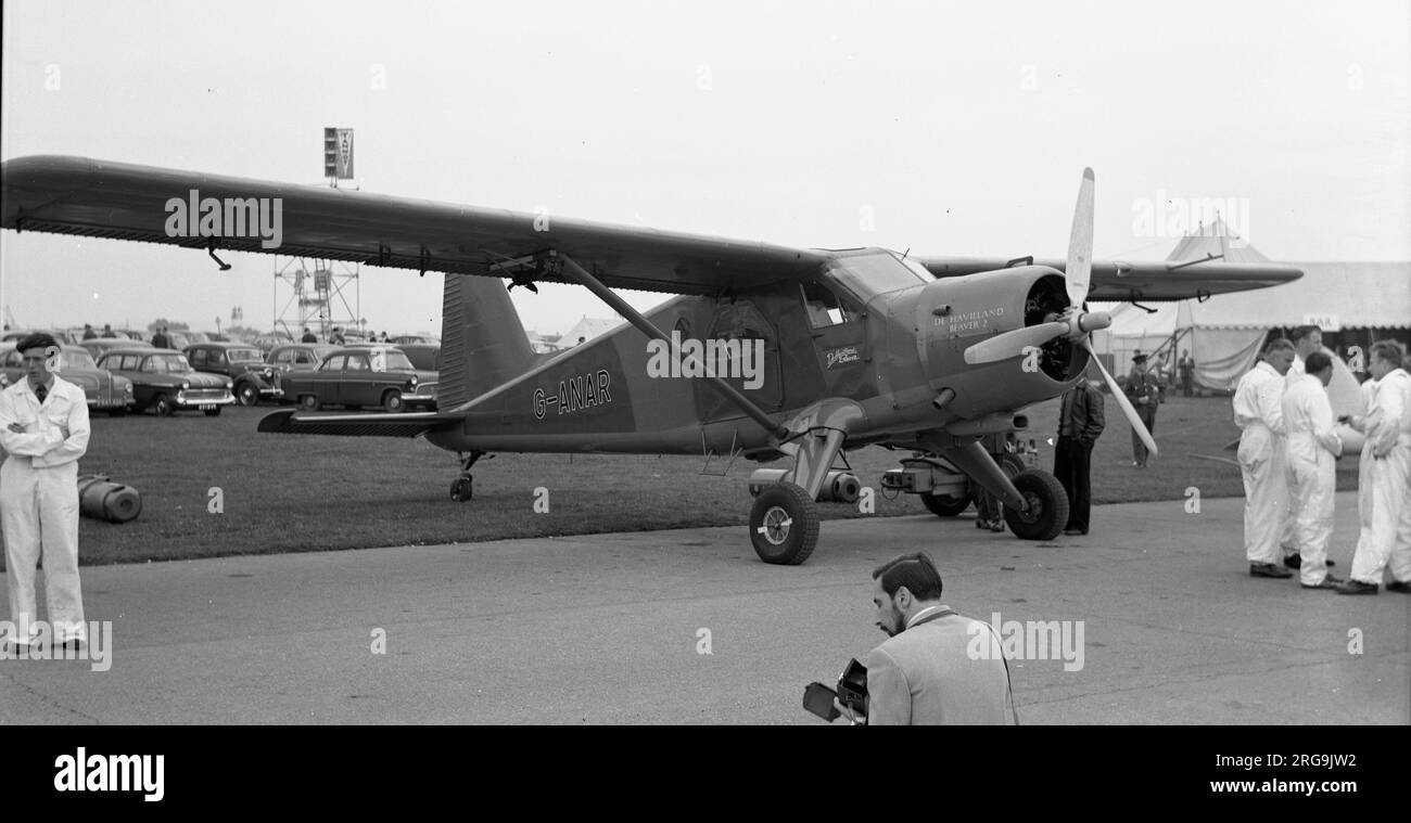 de Havilland Canada DHC-2 Beaver 2 G-ANAR (msn 80) at the 1958 SBAC Farnborough Air Show. The prototype Beaver 2 was built in Canada and first flew at Downsview, piloted by George Neal, on 10 March 1953, registered as CF-GQE. The Beaver 2 was almost immediately exported to the UK and was registered as G-ANAR on 24 July 1953 to de Havilland Aircraft Ltd.. After flight-testing and demonstration flights, G-ANAR was re-imported to Canada in 1971, where it was fitted with floats. Stock Photo