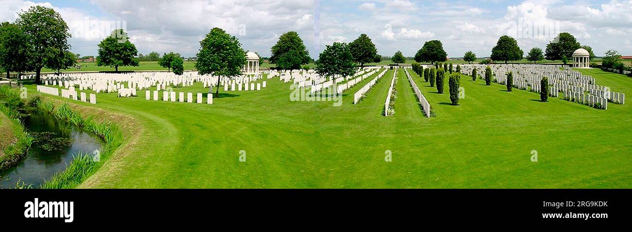 The Cemetery area was once occupied by Rosendal Chateau, some of whose remains can be found (with diligence) near the entrance. It was used from the early days of the war as a burial ground by nearby British Field Amulances and Dressing Stations. In it is buried Temp Lt Rupert Price Hallowes VC of the 4th Battalion Middlesex Regiment who, for five days, inspired his men without thought for his own safety until killed on 30 September 1915 at Hooge. Stock Photo
