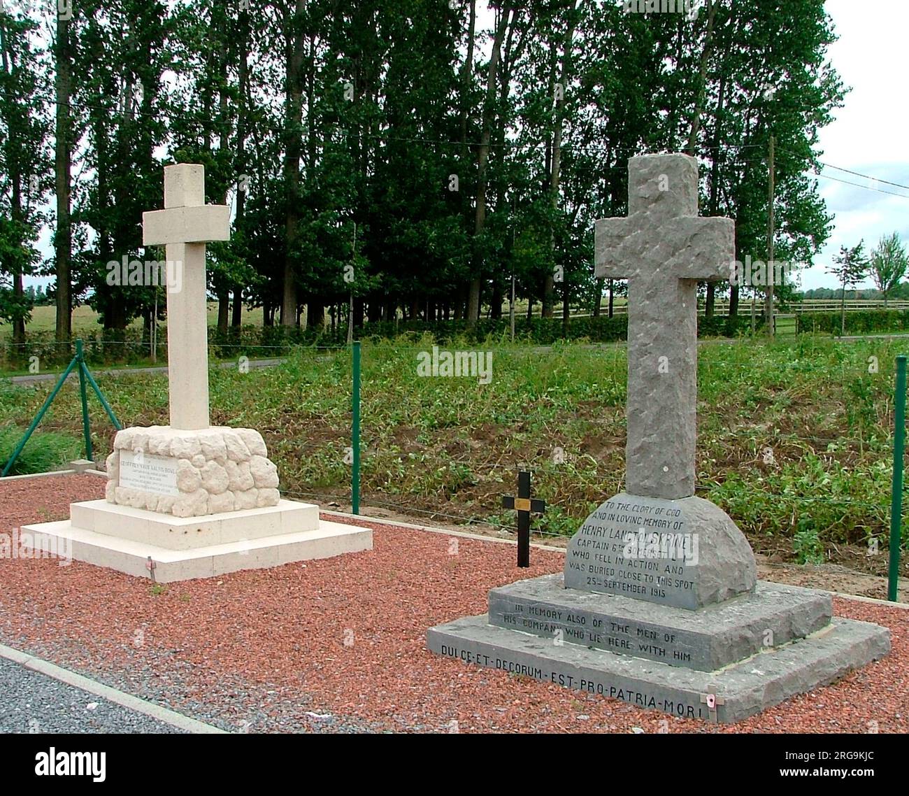 These two private memorials are in a small fenced-off area and are maintained by the Belgian Army. Henry Langton Skrine was killed on the night of 25 September 1915 and Geoffrey Vaux Salvin Bowlby on 13 May 1915. Both men are listed on the Menin Gate. Bowlbys brother is buried in Bedford House CWGC Cemetery. Stock Photo