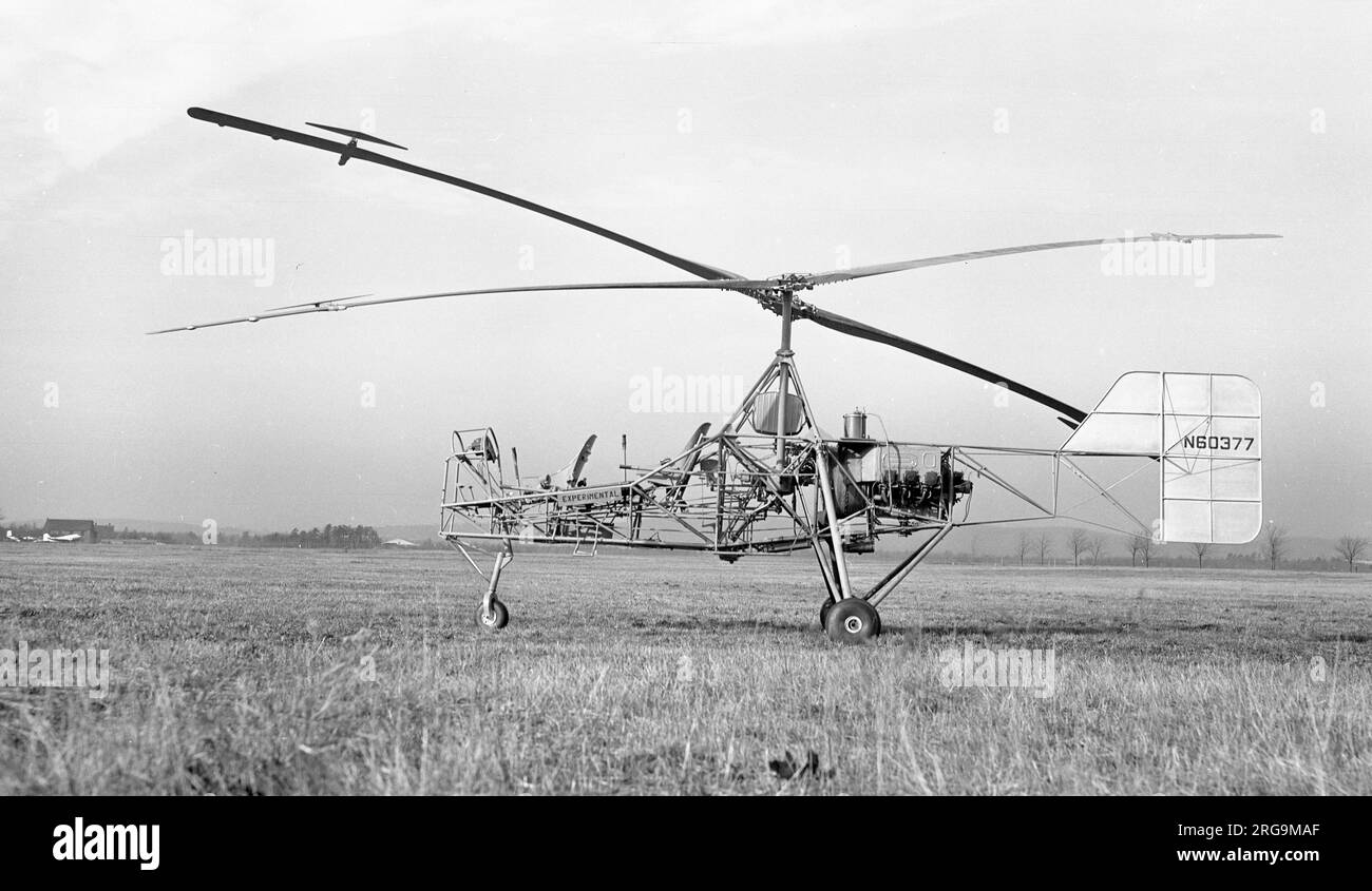 Kaman K-125B N60377 / NX60377 (msn 1). The first helicopter designed and built by (Charles H) Kaman Aircraft Corp, Bradley Field, Windsor Locks CT., as the Kaman K-125, powered by a 4-cylinder horizontally-opposed Lycoming O-290. Fitted with a more powerful 6-cylinder Lycoming engine (150hp O-350 or 175 hp O435), the aircraft became the K-125B and was progressively transformed to have a smooth-skinned plywood fuselage pod. Two more similar helicopters were produced with more powerful piston engines, (K-190 and K-225), one of which was fitted with a Boeing 502 (YT50) turbo-shaft engine to becom Stock Photo