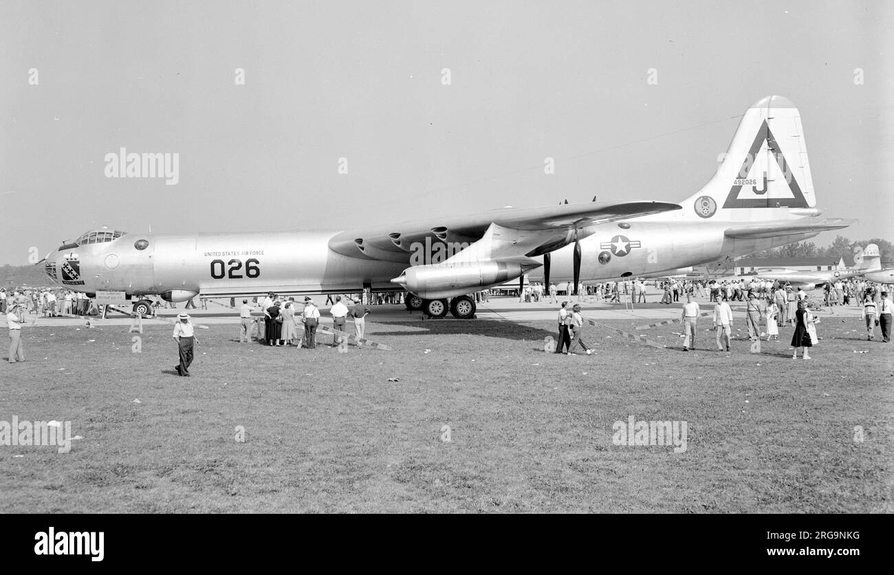 United States Air Force Convair B-36D-1-CF Peacemaker 44-92026 (msn 23), of the7th Bombardment Wing, at Detroit, Michigan. Built as a Consolidated B-36B-1-CF Peacemaker, first flown 8 July 1948. Accepted by USAF 25 November 1948. Carried out flight tests of RB-36D radomes and propeller vibration. Allotted to the 7th Bombardment Wing at Carswell Air Force Base, Fort Worth, TX. Converted to B-36D-10-CF by Convair at Fort Worth, TX. Damaged by a tornado at Carswell AFB on 1 September 52 when the aircraft was blown into visiting B-36F 49-2675 of the 95th Bombardment Wing, Biggs AFB, El Paso, TX. M Stock Photo