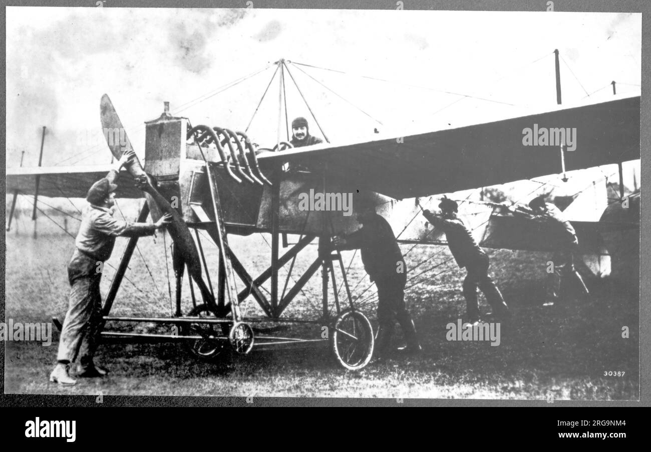 Fiedler 1910 Eindecker powered by a 50 PS Daimler engine. (PS= Pferd starke - a German equivalent of horsepower) Paul Fiedler was one of Austrias early aviation pioneers, designing and building his own aircraft. This aircraft was modified and improved throughout 1910 and 1911, with this photo probably around late 1910 / early 1911. Earier iterations had been powered by a fan Type engine, like an Anzani. With an early version, Paul Fiedler made two short flights in this machine on 10 July 1910, during the first Wiener Neustadt meeting, one of 15.2 seconds and one of 4 seconds. Stock Photo