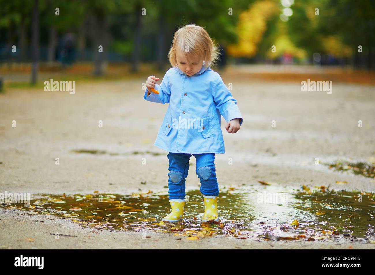 Child wearing yellow rain boots and jumping in puddle on a fall day ...