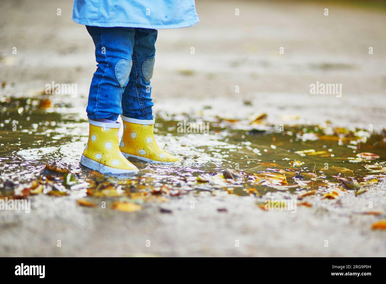 Child wearing yellow rain boots and jumping in puddle on a fall day ...